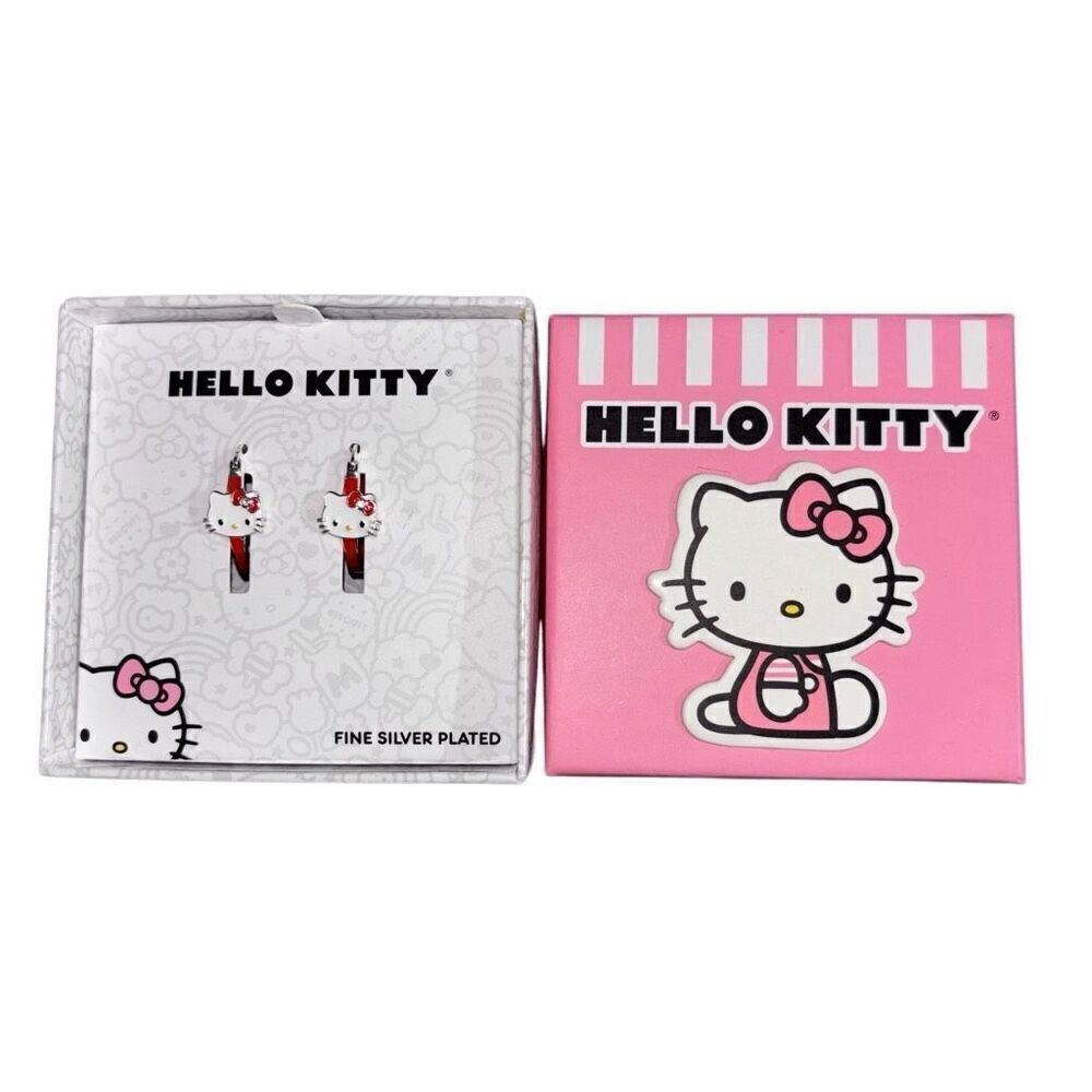 Hello kitty silver plated‎ hoop earrings red white new